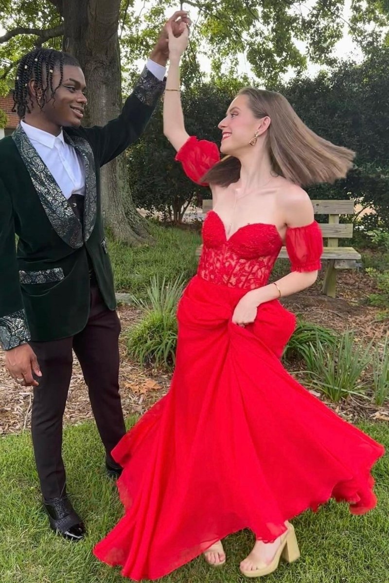 A-line Sweetheart Chiffon Prom Dresses with Puff Sleeves
