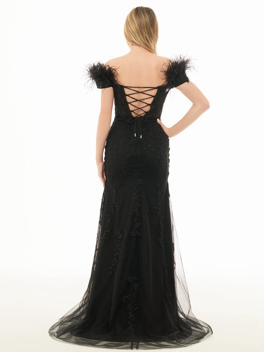 Mermaid Deep V Neck Feather Lace Long Prom Dresses