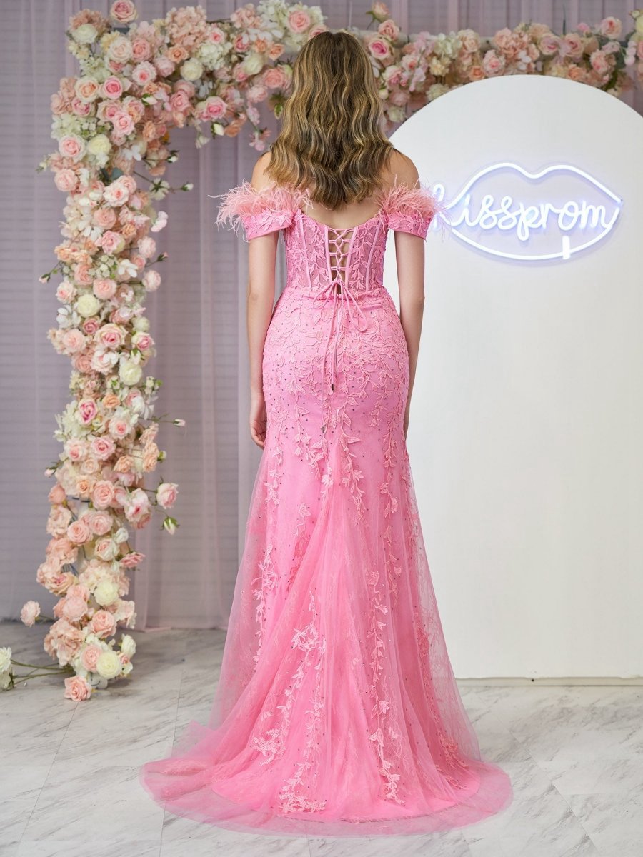 Mermaid Deep V Neck Feather Lace Long Prom Dresses