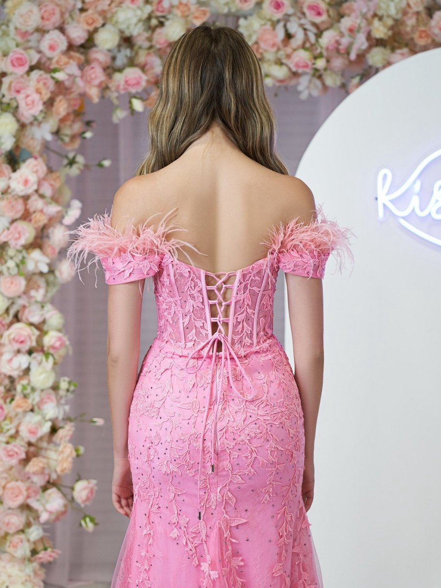 Mermaid Deep V Neck Feather Lace Long Prom Dresses