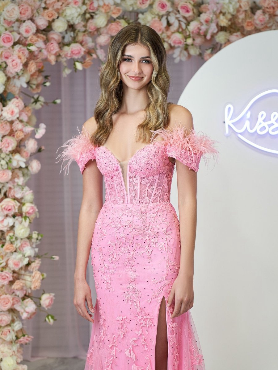 Mermaid Deep V Neck Feather Lace Long Prom Dresses