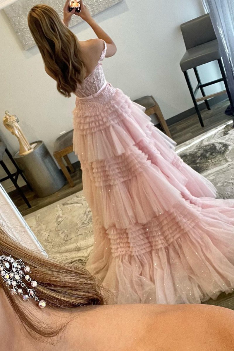 Princess A-line Off the Shoulder Long Prom Dresses with Ruffles