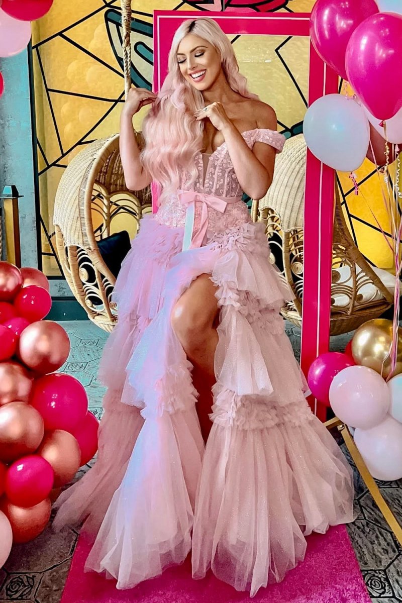 Princess A-line Off the Shoulder Long Prom Dresses with Ruffles