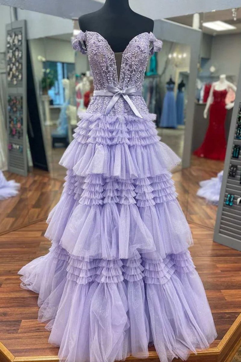 Princess A-line Off the Shoulder Long Prom Dresses with Ruffles