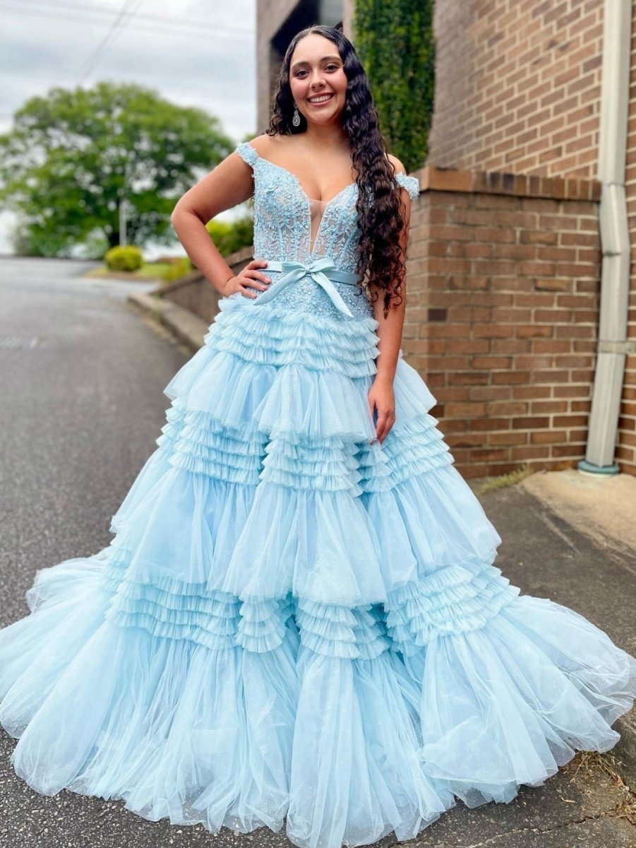 Princess A-line Off the Shoulder Long Prom Dresses with Ruffles