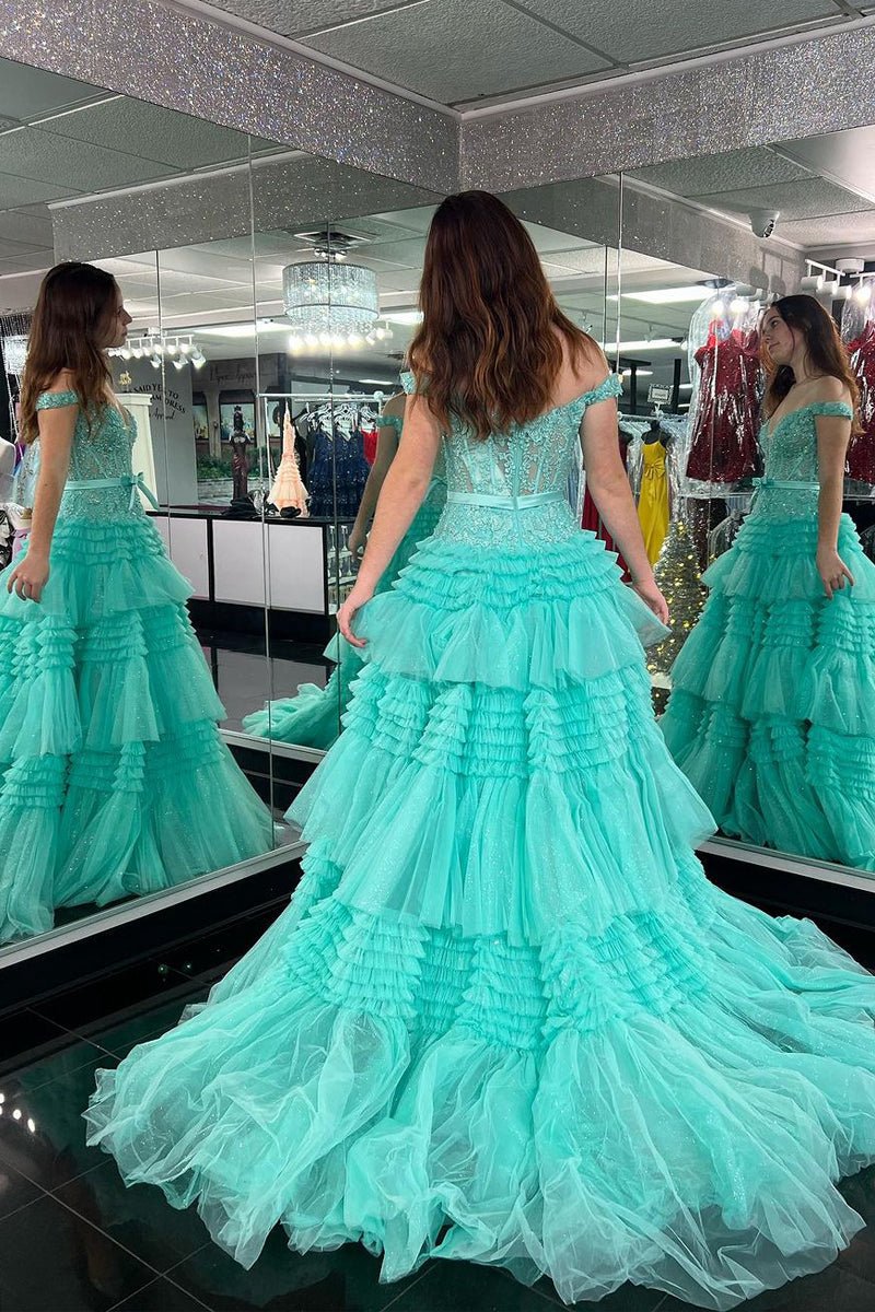 Princess A-line Off the Shoulder Long Prom Dresses with Ruffles