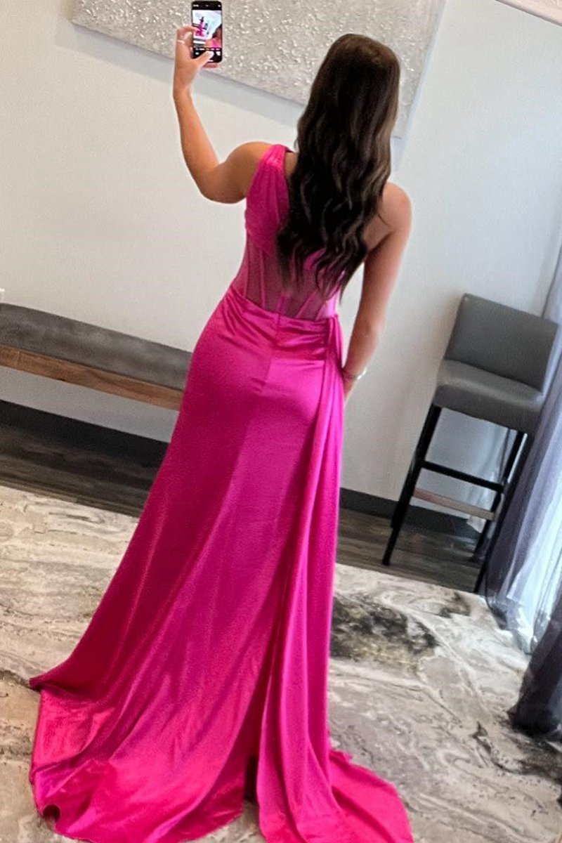 Sheath One Shoulder Pleated Satin Long Prom Dresses