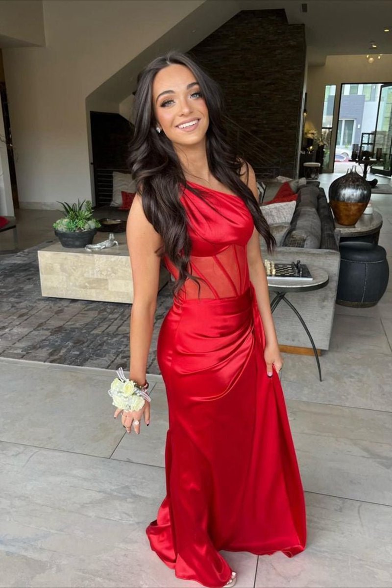 Sheath One Shoulder Pleated Satin Long Prom Dresses