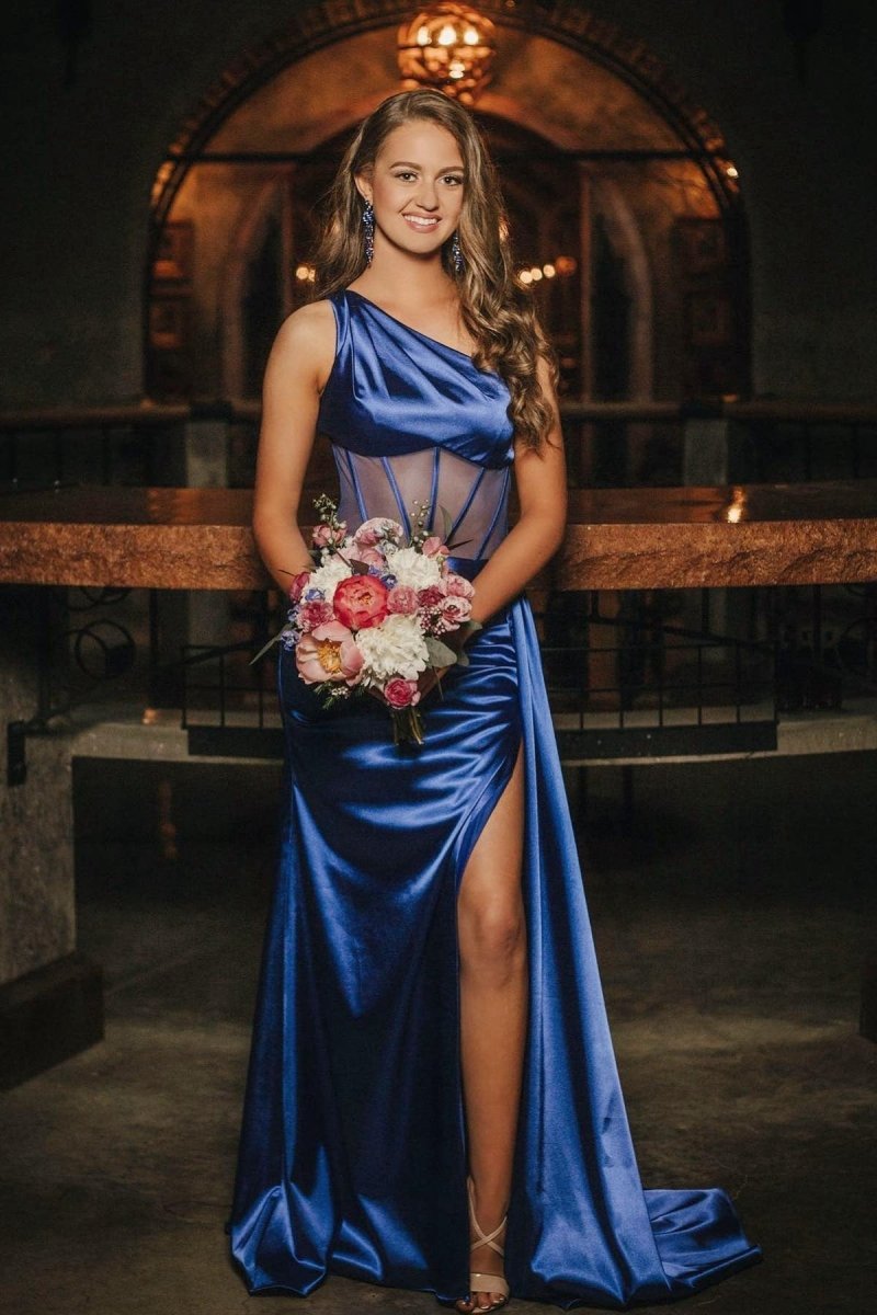 Sheath One Shoulder Pleated Satin Long Prom Dresses