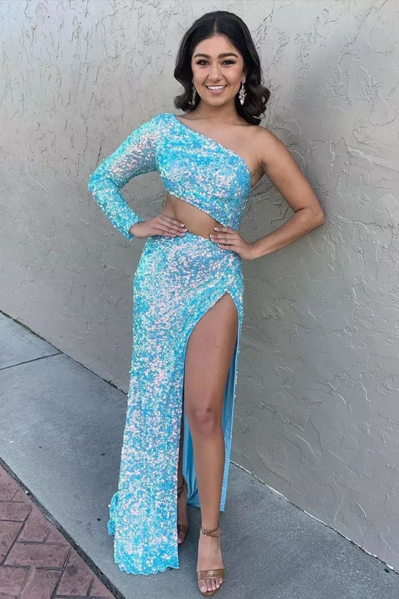 Sheath One Shoulder Sequins Long Prom Dresses with Silt