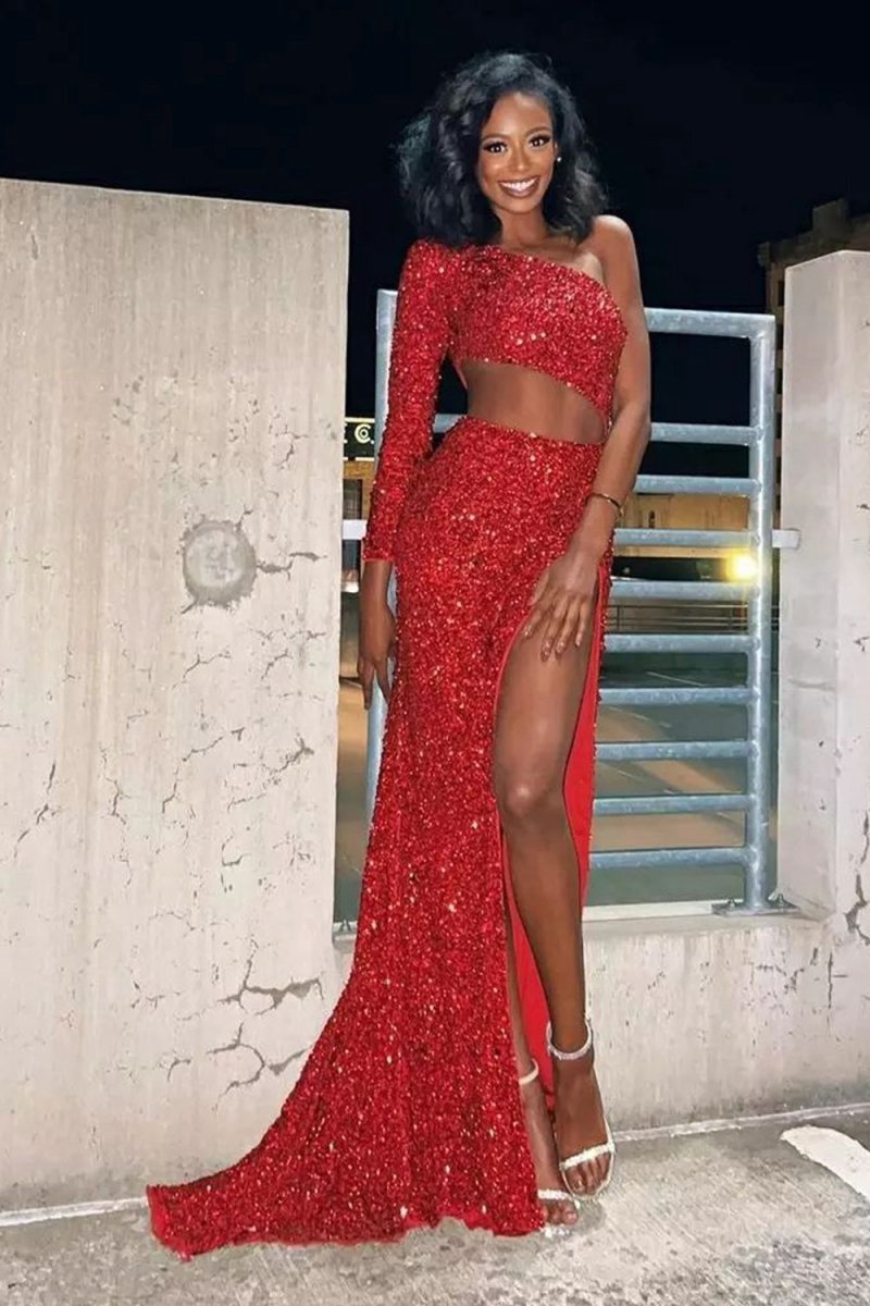 Sheath One Shoulder Sequins Long Prom Dresses with Silt