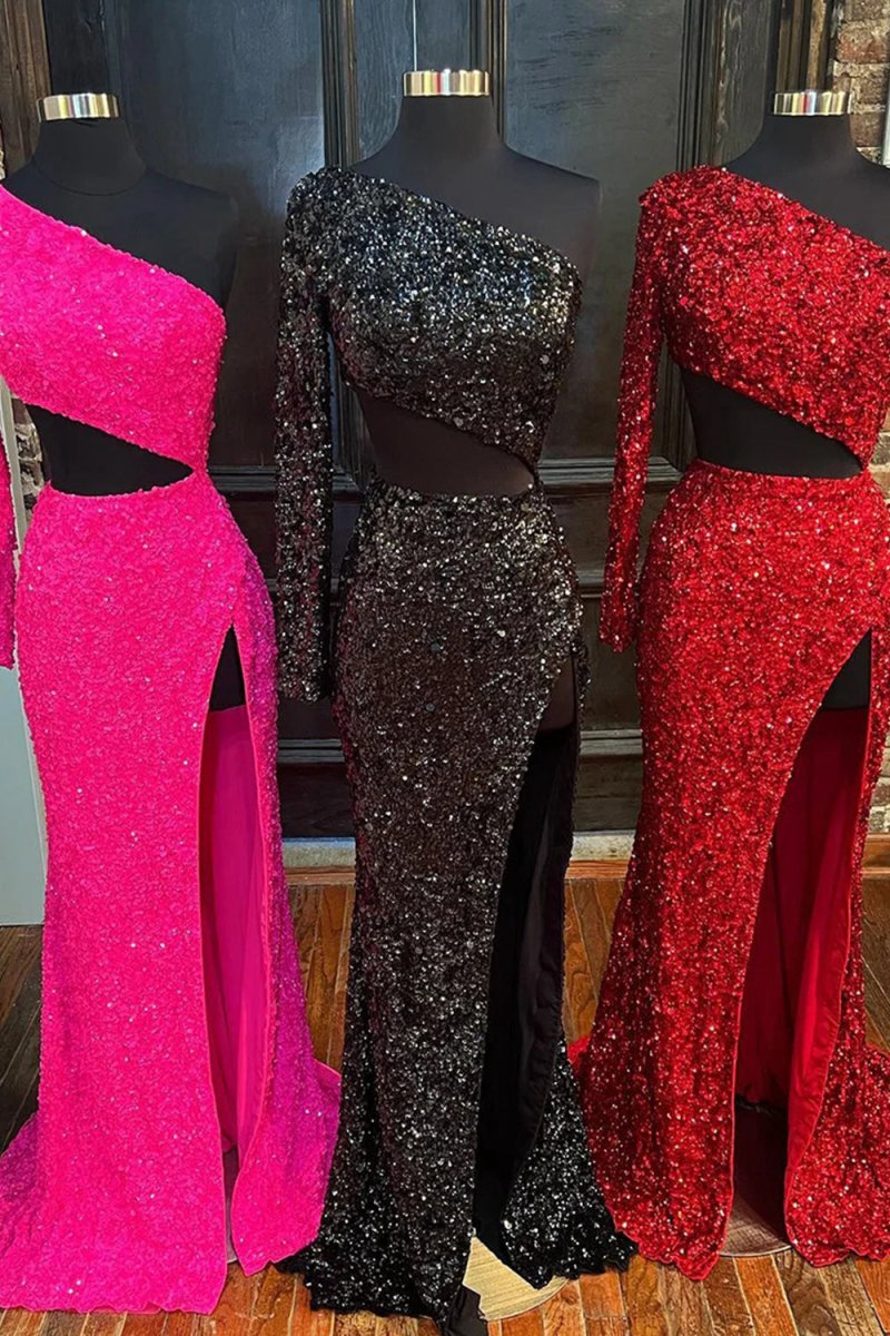 Sheath One Shoulder Sequins Long Prom Dresses with Silt