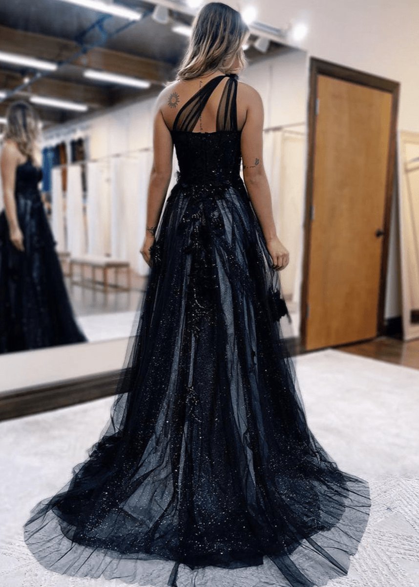 A-line One Shoulder Long Prom Dresses with Appliques