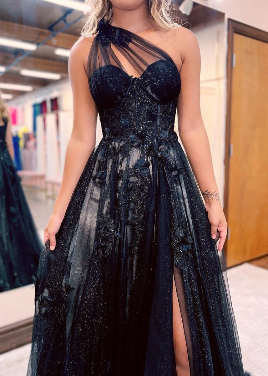 A-line One Shoulder Long Prom Dresses with Appliques