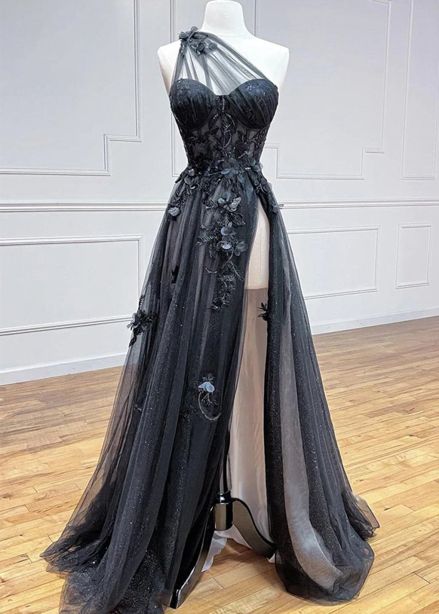 A-line One Shoulder Long Prom Dresses with Appliques