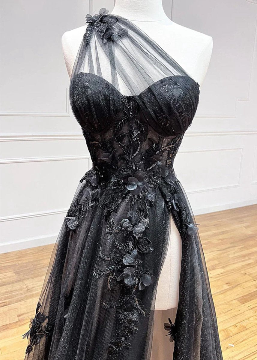 A-line One Shoulder Long Prom Dresses with Appliques