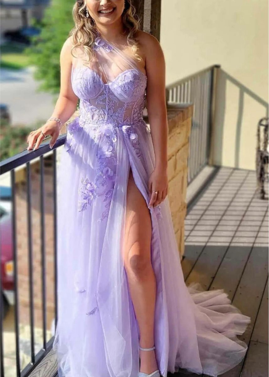 A-line One Shoulder Long Prom Dresses with Appliques