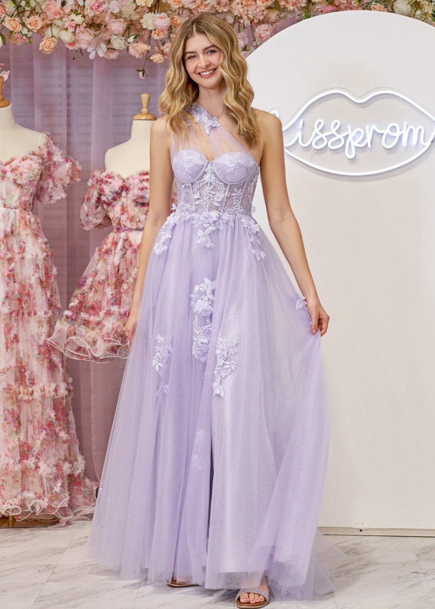 A-line One Shoulder Long Prom Dresses with Appliques
