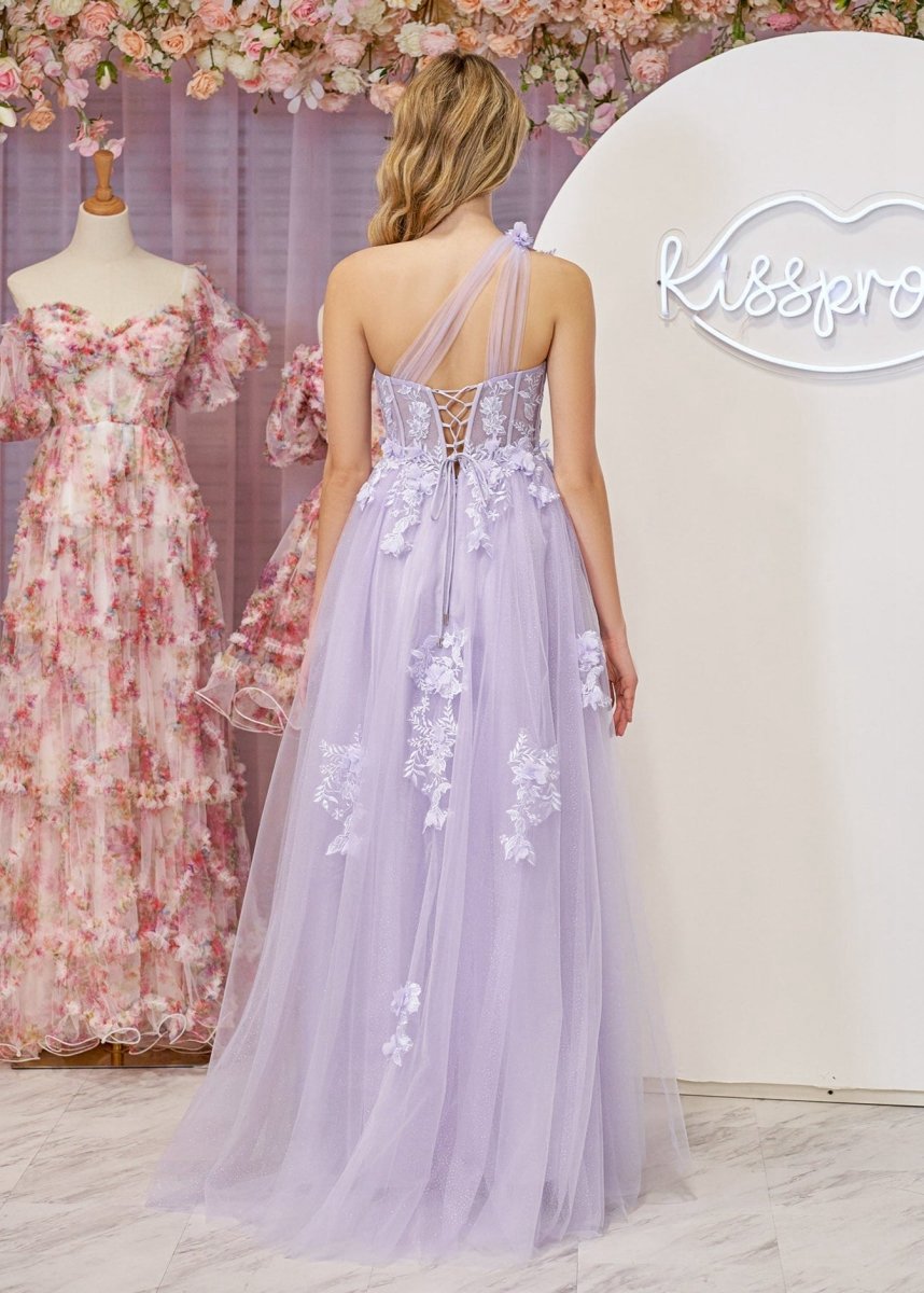 A-line One Shoulder Long Prom Dresses with Appliques