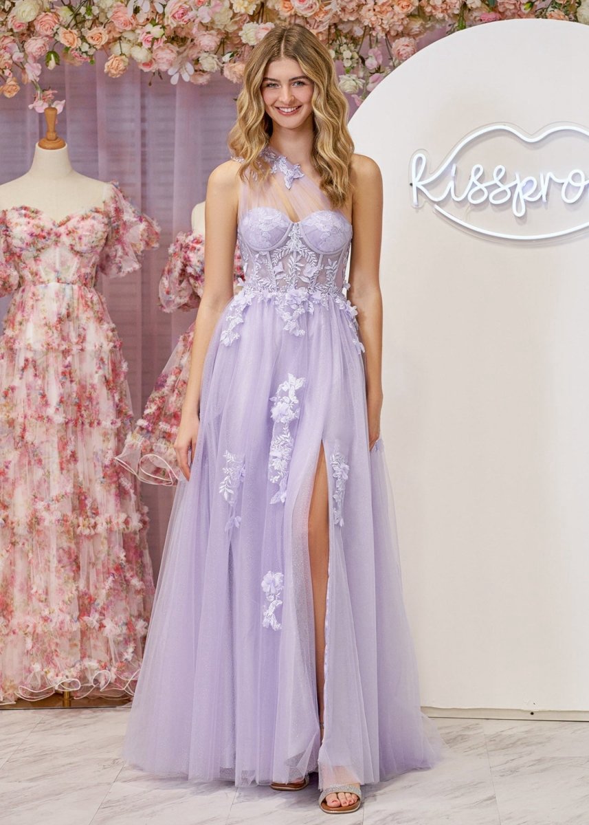 A-line One Shoulder Long Prom Dresses with Appliques