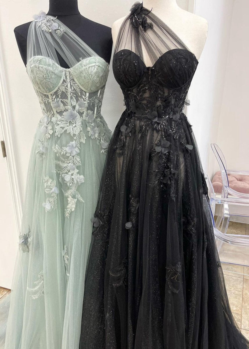 A-line One Shoulder Long Prom Dresses with Appliques