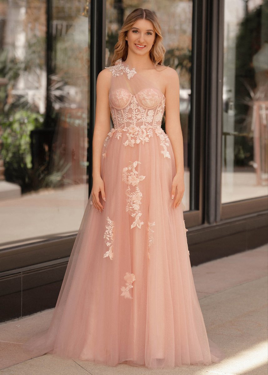 A-line One Shoulder Long Prom Dresses with Appliques