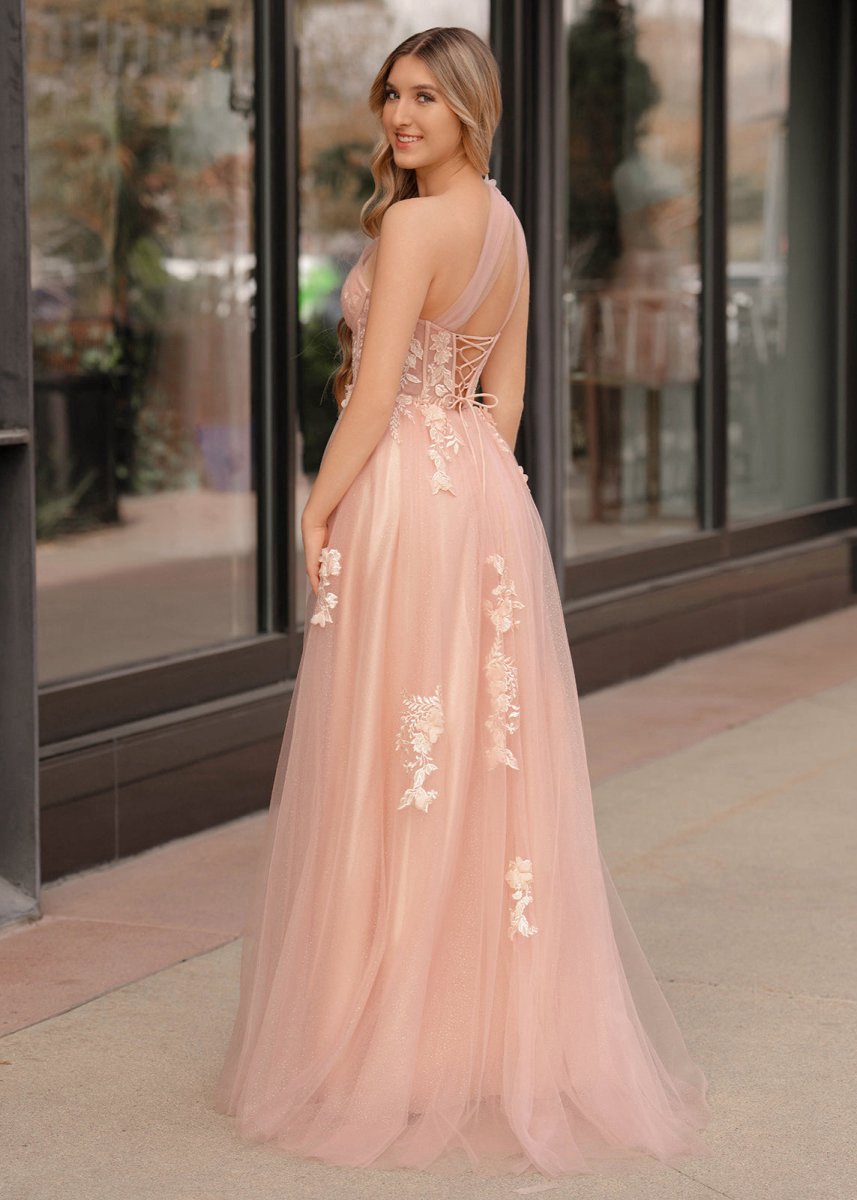 A-line One Shoulder Long Prom Dresses with Appliques