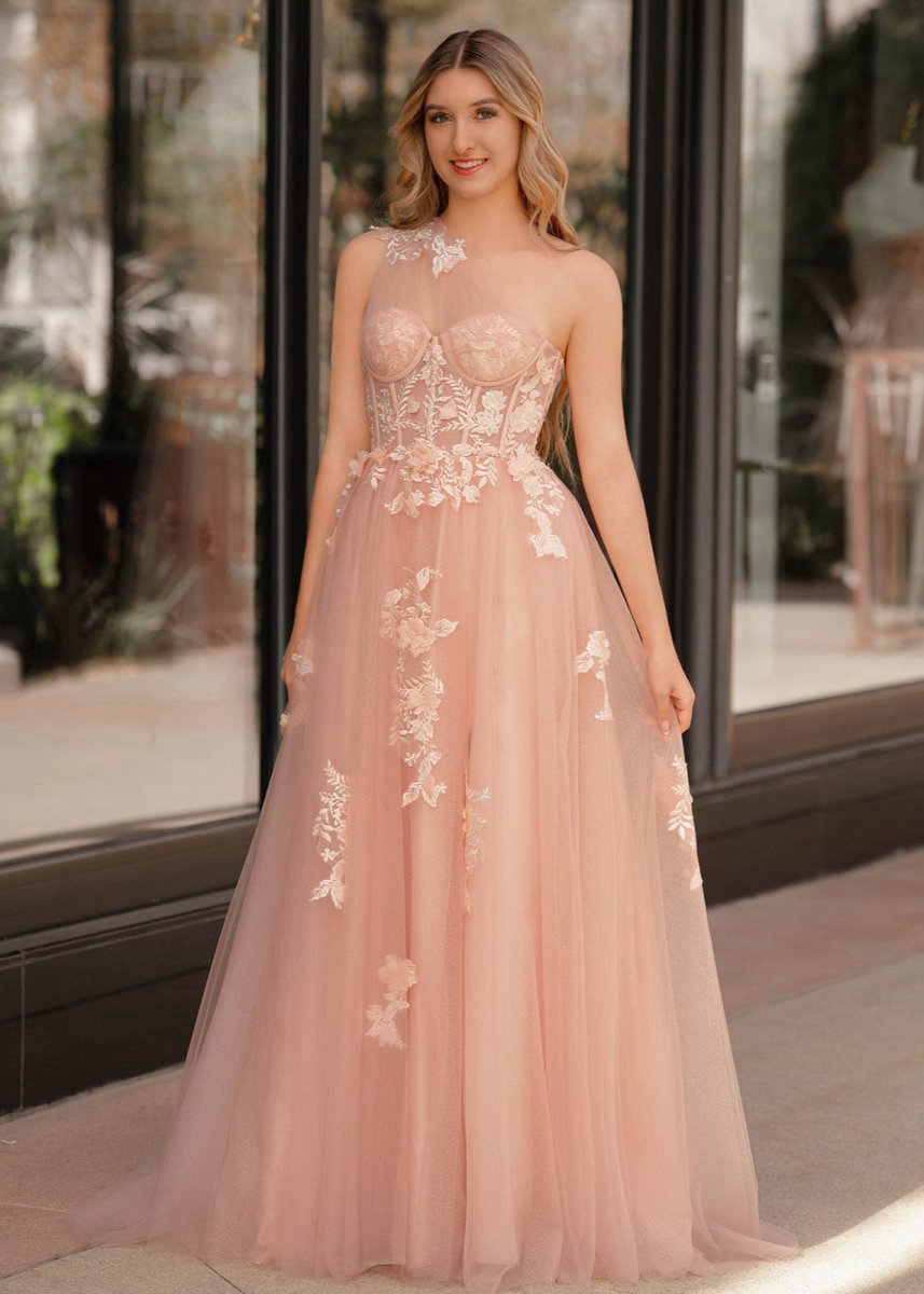 A-line One Shoulder Long Prom Dresses with Appliques