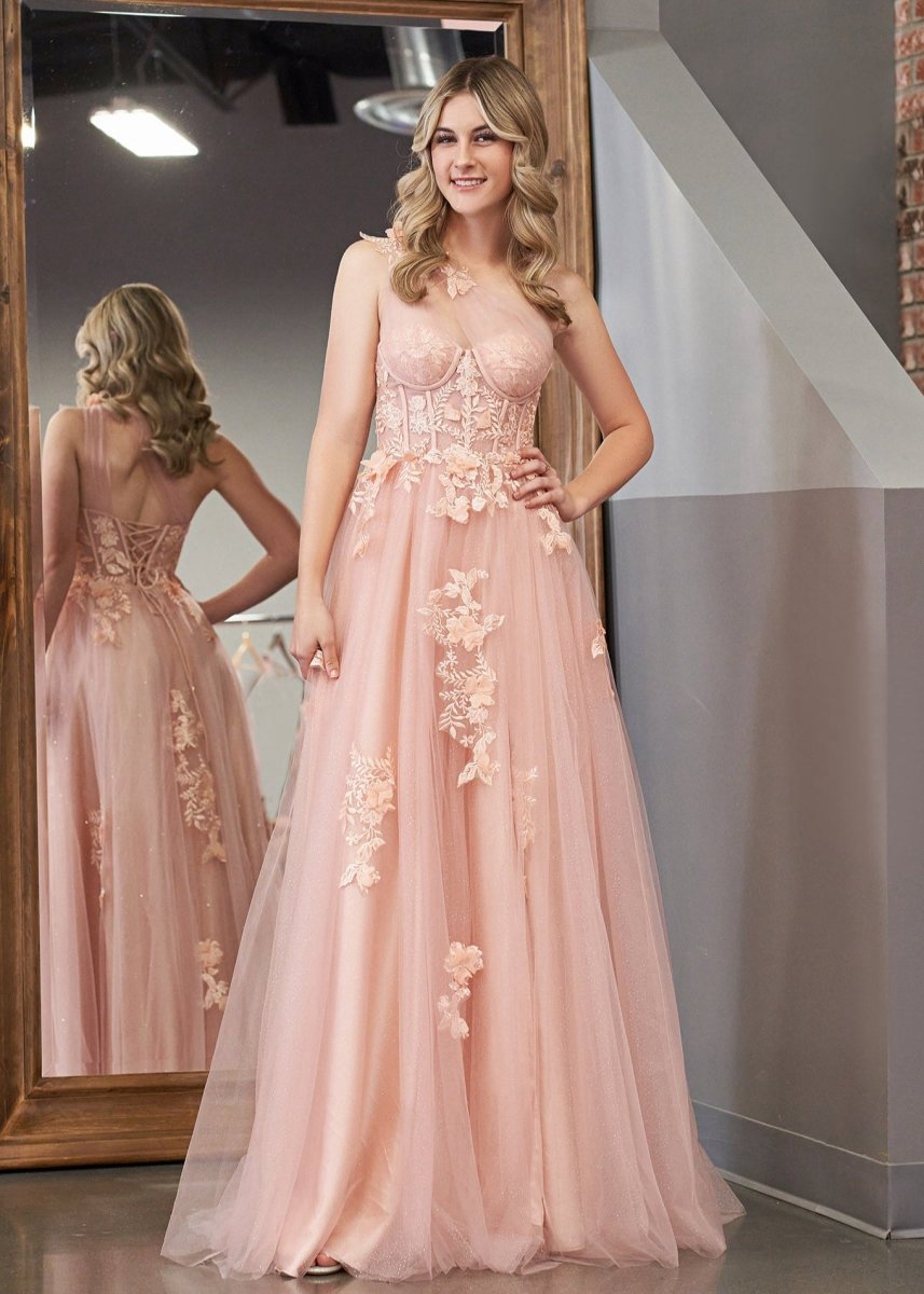 A-line One Shoulder Long Prom Dresses with Appliques