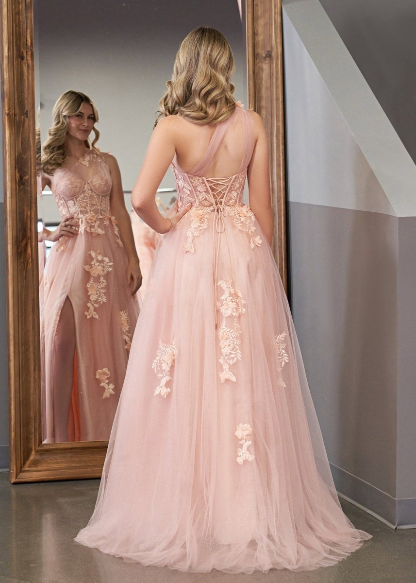 A-line One Shoulder Long Prom Dresses with Appliques