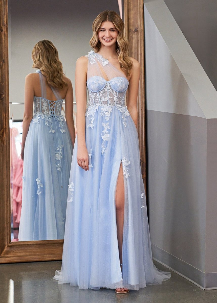 A-line One Shoulder Long Prom Dresses with Appliques