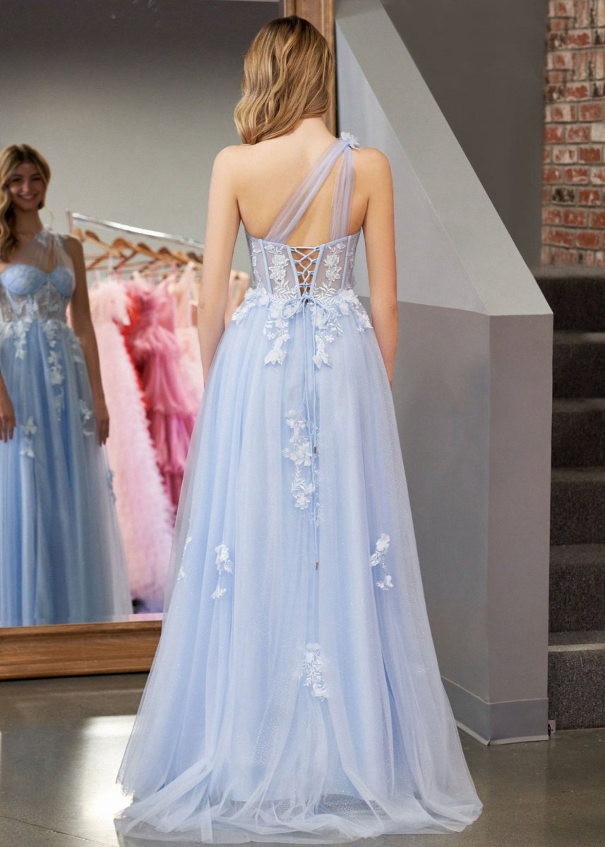 A-line One Shoulder Long Prom Dresses with Appliques