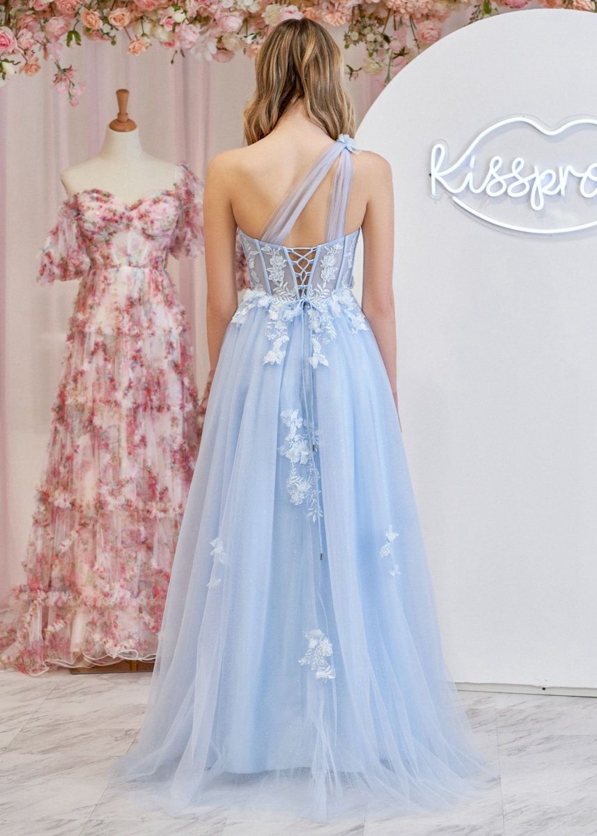 A-line One Shoulder Long Prom Dresses with Appliques