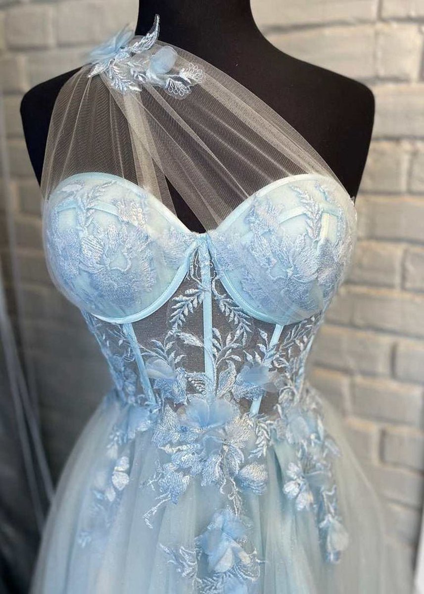 A-line One Shoulder Long Prom Dresses with Appliques