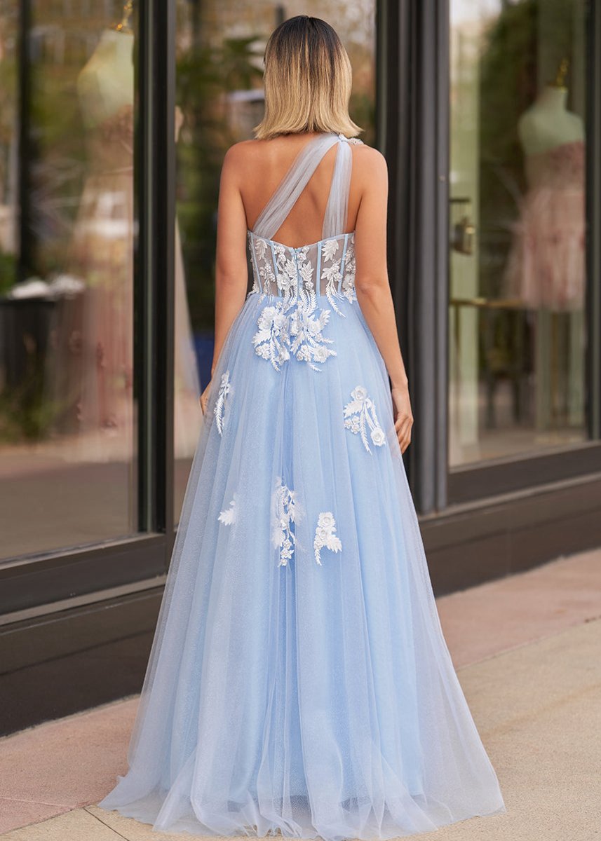 A-line One Shoulder Long Prom Dresses with Appliques