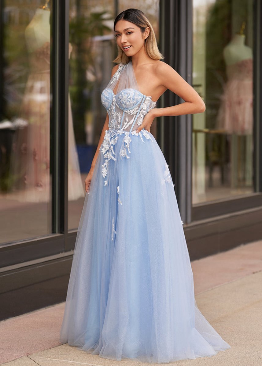 A-line One Shoulder Long Prom Dresses with Appliques