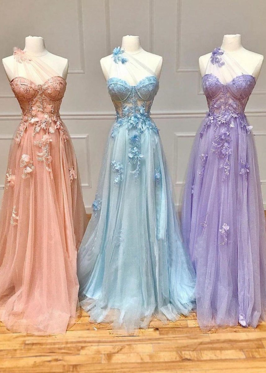 A-line One Shoulder Long Prom Dresses with Appliques