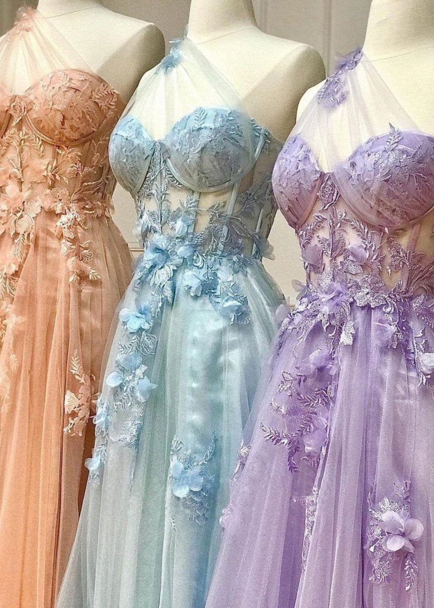A-line One Shoulder Long Prom Dresses with Appliques