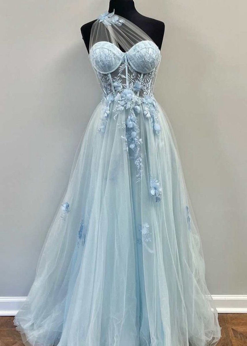 A-line One Shoulder Long Prom Dresses with Appliques