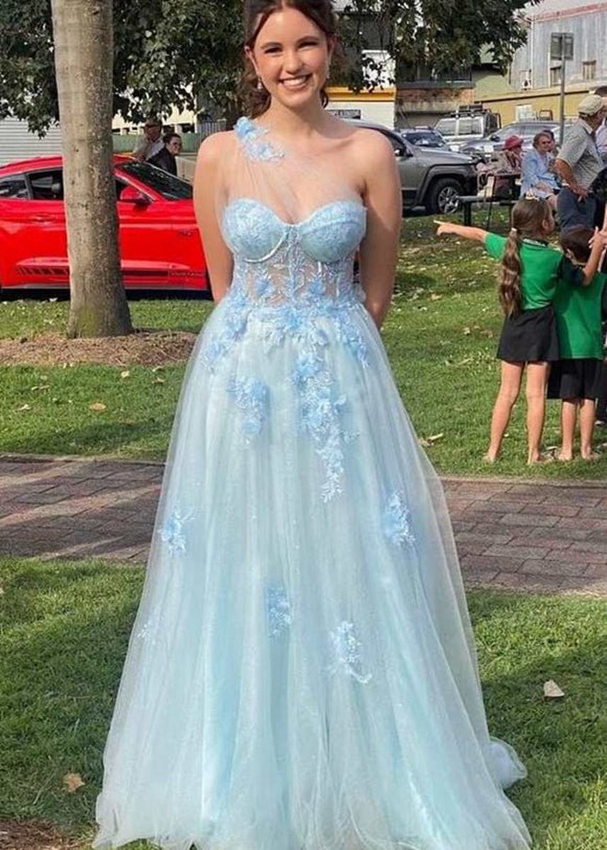 A-line One Shoulder Long Prom Dresses with Appliques