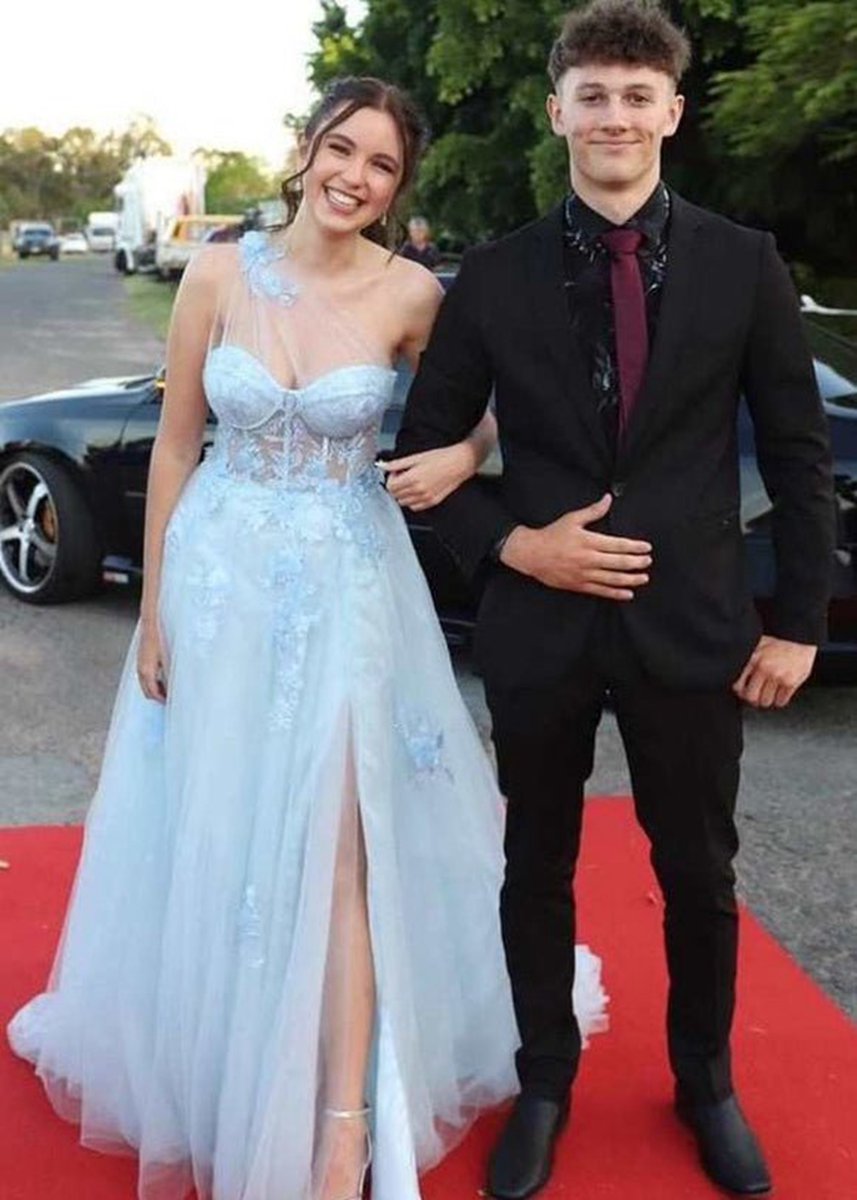 A-line One Shoulder Long Prom Dresses with Appliques