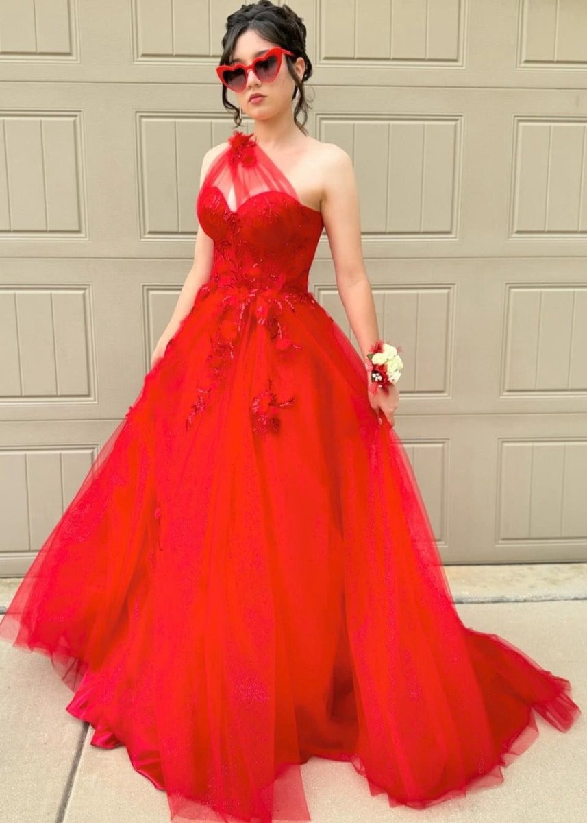 A-line One Shoulder Long Prom Dresses with Appliques