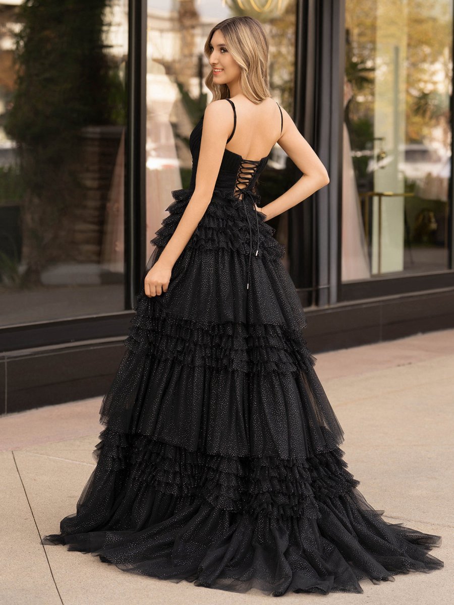 A-line Deep V Neck Tie Long Glitter Tulle Prom Dresses