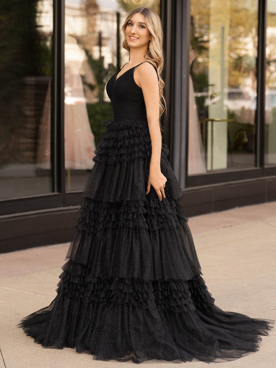 A-line Deep V Neck Tie Long Glitter Tulle Prom Dresses