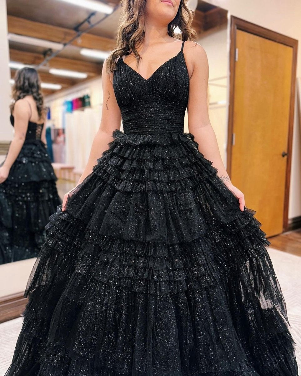 A-line Deep V Neck Tie Long Glitter Tulle Prom Dresses