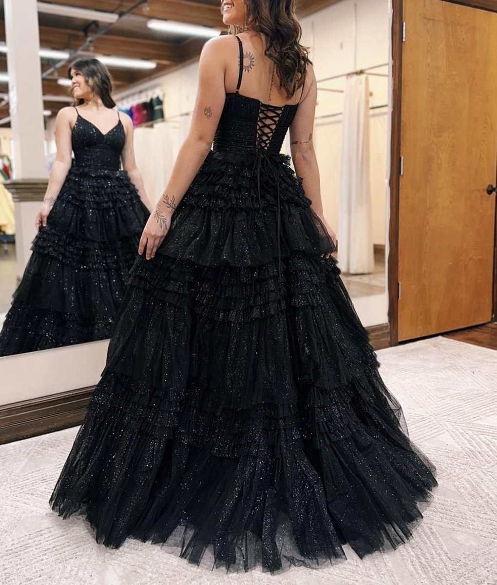 A-line Deep V Neck Tie Long Glitter Tulle Prom Dresses
