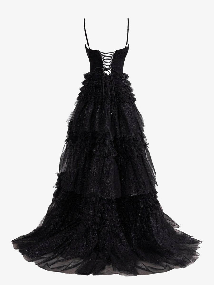 A-line Deep V Neck Tie Long Glitter Tulle Prom Dresses
