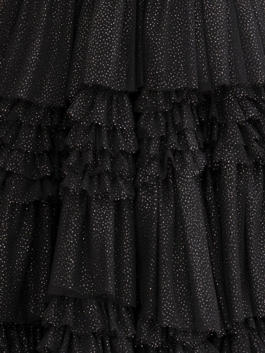 A-line Deep V Neck Tie Long Glitter Tulle Prom Dresses