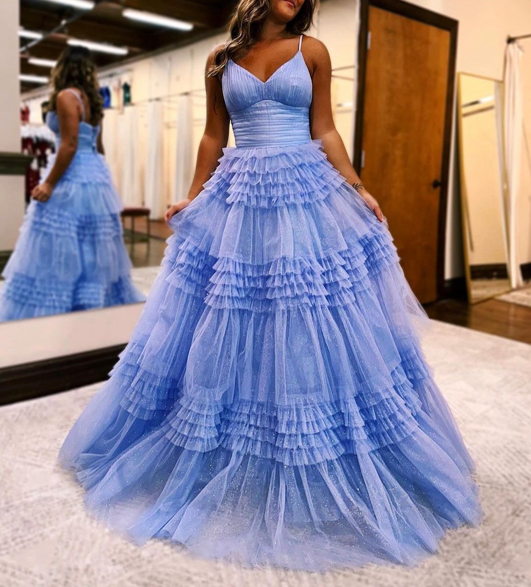 A-line Deep V Neck Tie Long Glitter Tulle Prom Dresses