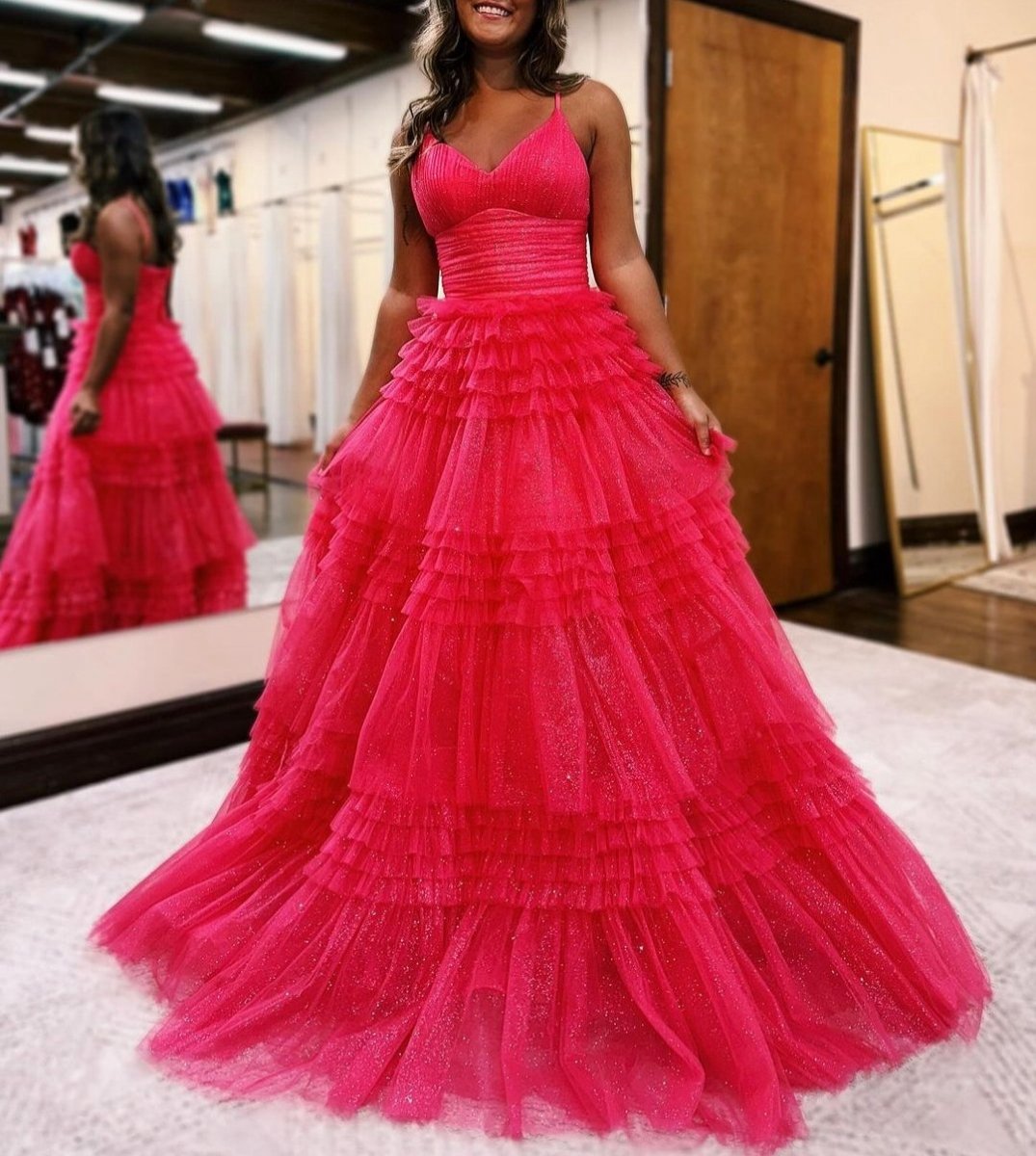 A-line Deep V Neck Tie Long Glitter Tulle Prom Dresses